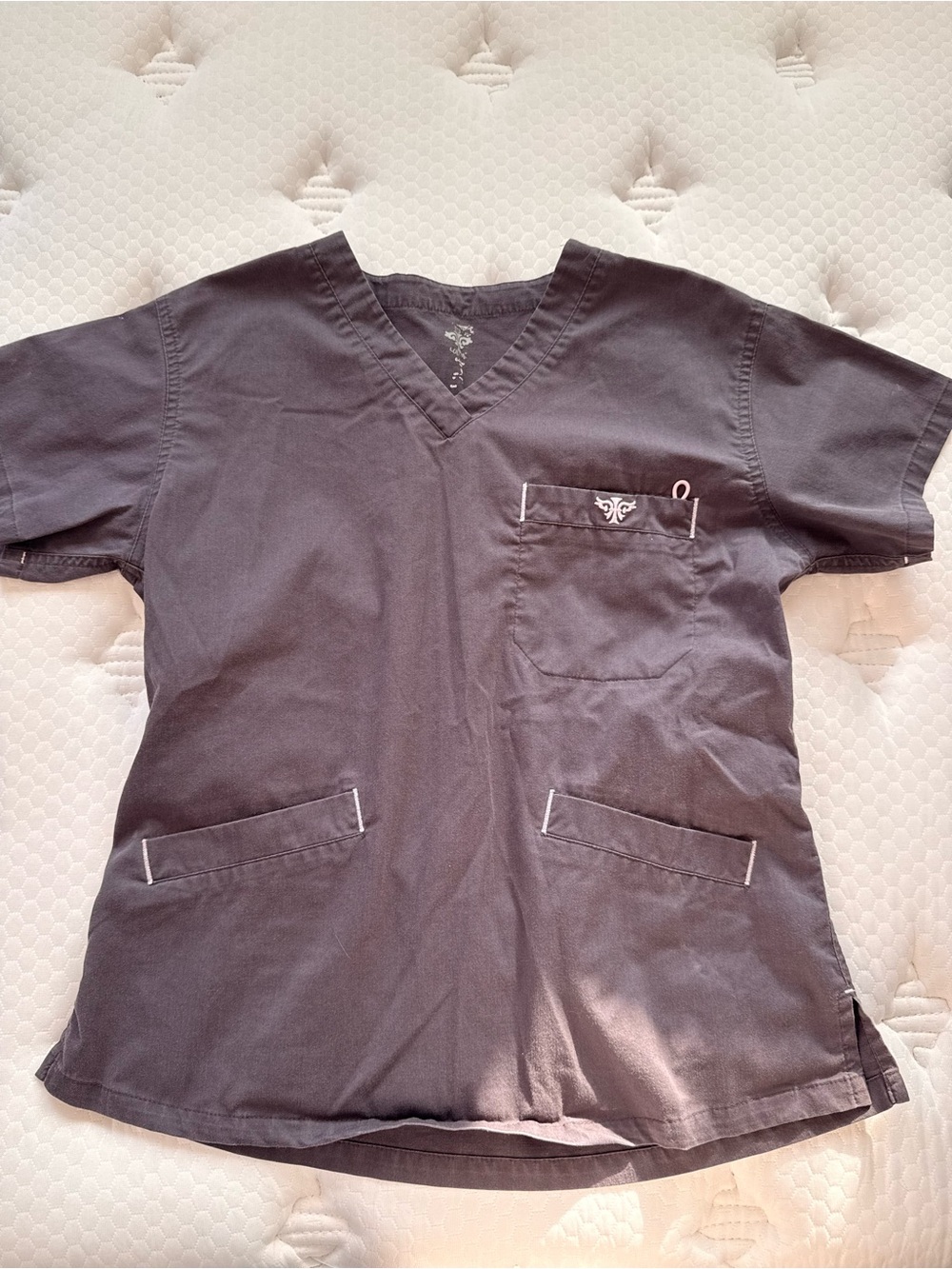 Med Couture Women's grey and pink V-Neck Scrub Top